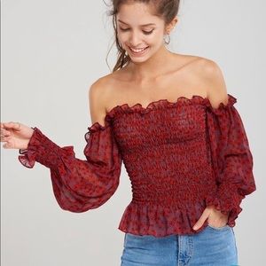 Storets Red Print Smocked Blouse w/ Off Shoulder Balloon Sleeves Sz S NWOT